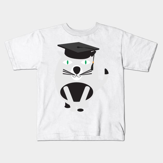 Black White Cat with Graduation Hat Kids T-Shirt by sigdesign